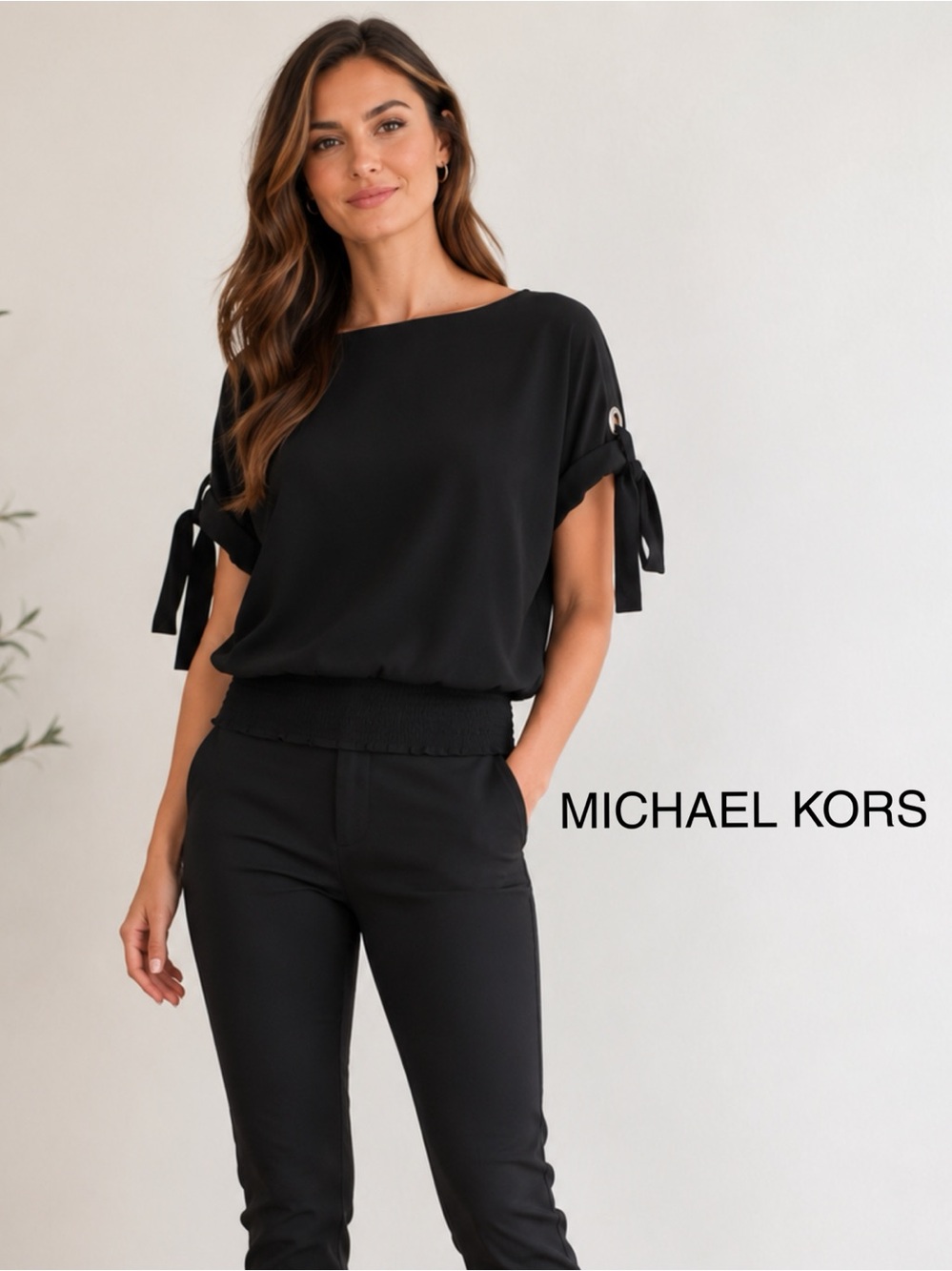 🖤 Michael Kors Black Tie Sleeve Blouse Small | Gold Grommet Detail Smocked Hem